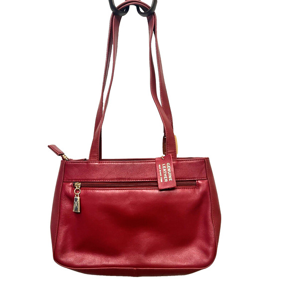Vintage Laura Scott Red Shoulder Handbag Genuine Leather Pockets Purse - Picture 4 of 11